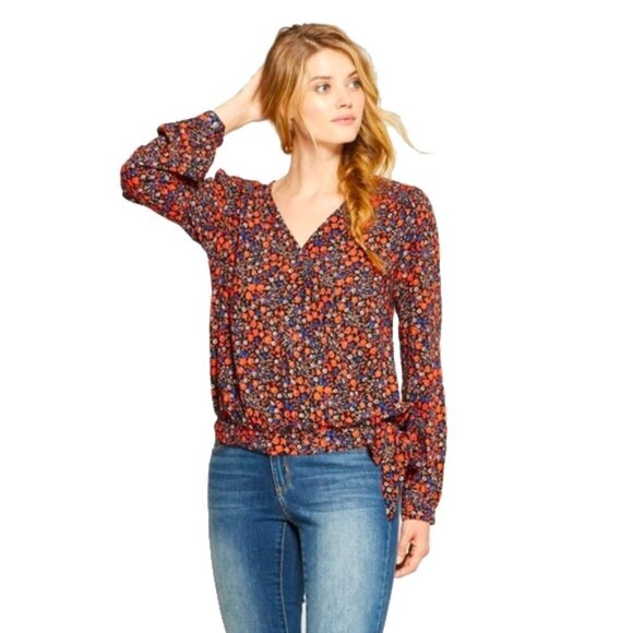 ❤️ UNIVERSAL THREAD Floral Wrap Top Red blue Tie Front v neck Too Size XS - Picture 1 of 10